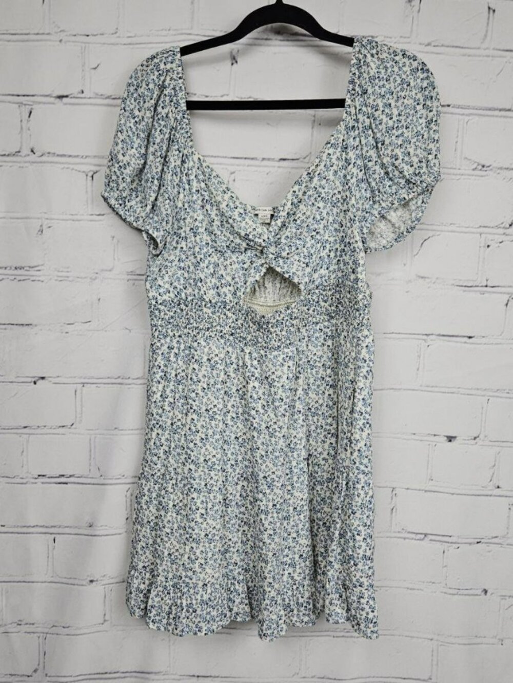 American Eagle Floral Puff Sleeve Dress Womens L Smocked Back Cottage Country